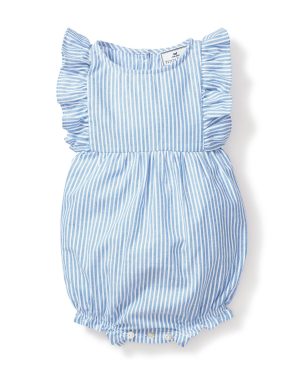 Baby's Twill Ruffled Romper in French Blue Seersucker