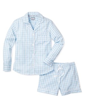 Light Blue Gingham Long Sleeve Short Set