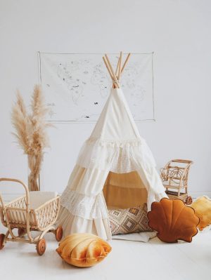 “Shabby Chic” Teepee Tent with Frills and "White" Leaf Mat Set