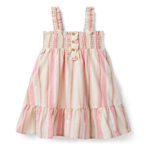 Striped Linen-Cotton Smocked Dress