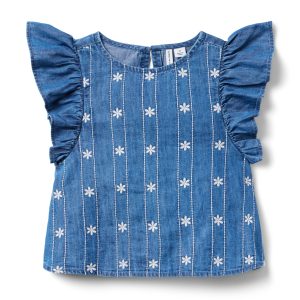 Chambray Embroidered Floral Top