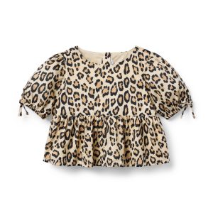 Leopard Puff Sleeve Peplum Top